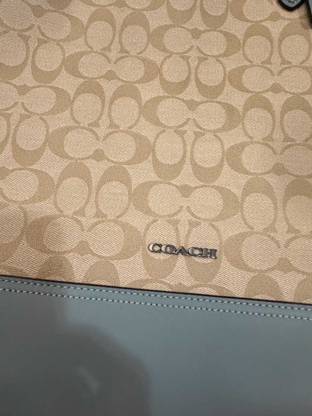 Coach Beige Signature Canvas Tote with Light Blue Trim - Picture 2 of 16